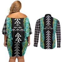 Black Palaka Hawaii Iwa Bird Couples Matching Off Shoulder Short Dress and Long Sleeve Button Shirt Hawaiian Kakau Jade Vine Lei LT14 - Polynesian Pride
