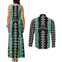 Black Palaka Hawaii Iwa Bird Couples Matching Tank Maxi Dress and Long Sleeve Button Shirt Hawaiian Kakau Jade Vine Lei LT14 - Polynesian Pride