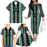 Black Palaka Hawaii Iwa Bird Family Matching Off The Shoulder Long Sleeve Dress and Hawaiian Shirt Hawaiian Kakau Jade Vine Lei LT14 - Polynesian Pride