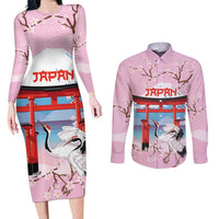 Japanese Torii Gate Cranes Personalised Couples Matching Long Sleeve Bodycon Dress and Long Sleeve Button Shirt Fuji Mount Sakura Seigaiha Pattern