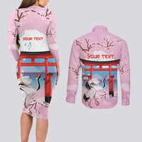 Japanese Torii Gate Cranes Personalised Couples Matching Long Sleeve Bodycon Dress and Long Sleeve Button Shirt Fuji Mount Sakura Seigaiha Pattern