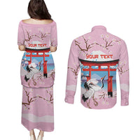 Japanese Torii Gate Cranes Personalised Couples Matching Puletasi and Long Sleeve Button Shirt Fuji Mount Sakura Seigaiha Pattern
