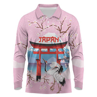 Japanese Torii Gate Cranes Personalised Long Sleeve Polo Shirt Fuji Mount Sakura Seigaiha Pattern