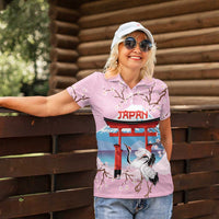 Japanese Torii Gate Cranes Personalised Women Polo Shirt Fuji Mount Sakura Seigaiha Pattern