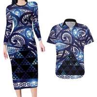 Matariki New Zealand Couples Matching Long Sleeve Bodycon Dress and Hawaiian Shirt NZ Niho Taniwha Maori New Year Blue Galaxy LT14 Blue - Polynesian Pride