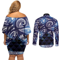Matariki New Zealand Couples Matching Off Shoulder Short Dress and Long Sleeve Button Shirt NZ Niho Taniwha Maori New Year Blue Galaxy LT14 - Polynesian Pride
