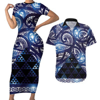 Matariki New Zealand Couples Matching Short Sleeve Bodycon Dress and Hawaiian Shirt NZ Niho Taniwha Maori New Year Blue Galaxy LT14 Blue - Polynesian Pride