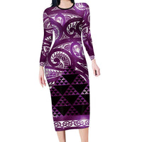 Matariki New Zealand Family Matching Long Sleeve Bodycon Dress and Hawaiian Shirt NZ Niho Taniwha Maori New Year Purple Galaxy LT14 Mom's Dress Purple - Polynesian Pride