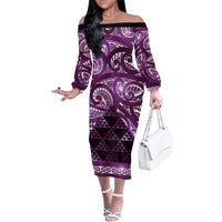 Matariki New Zealand Family Matching Off The Shoulder Long Sleeve Dress and Hawaiian Shirt NZ Niho Taniwha Maori New Year Purple Galaxy LT14 Mom's Dress Purple - Polynesian Pride