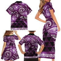 Matariki New Zealand Family Matching Short Sleeve Bodycon Dress and Hawaiian Shirt NZ Niho Taniwha Maori New Year Purple Galaxy LT14 - Polynesian Pride