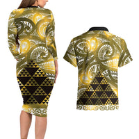 Matariki New Zealand Couples Matching Long Sleeve Bodycon Dress and Hawaiian Shirt NZ Niho Taniwha Maori New Year Yellow Galaxy LT14 - Polynesian Pride