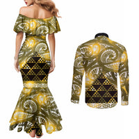 Matariki New Zealand Couples Matching Mermaid Dress and Long Sleeve Button Shirt NZ Niho Taniwha Maori New Year Yellow Galaxy LT14 - Polynesian Pride