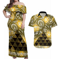 Matariki New Zealand Couples Matching Off Shoulder Maxi Dress and Hawaiian Shirt NZ Niho Taniwha Maori New Year Yellow Galaxy LT14 Yellow - Polynesian Pride