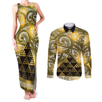 Matariki New Zealand Couples Matching Tank Maxi Dress and Long Sleeve Button Shirt NZ Niho Taniwha Maori New Year Yellow Galaxy LT14 Yellow - Polynesian Pride