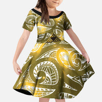 Matariki New Zealand Kid Short Sleeve Dress NZ Niho Taniwha Maori New Year Yellow Galaxy