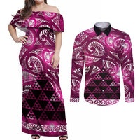 Matariki New Zealand Couples Matching Off Shoulder Maxi Dress and Long Sleeve Button Shirt NZ Niho Taniwha Maori New Year Pink Galaxy LT14 Pink - Polynesian Pride