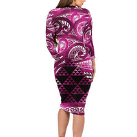 Matariki New Zealand Long Sleeve Bodycon Dress NZ Niho Taniwha Maori New Year Pink Galaxy