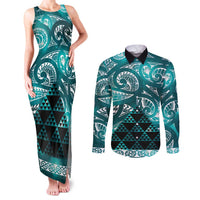 Matariki New Zealand Couples Matching Tank Maxi Dress and Long Sleeve Button Shirt NZ Niho Taniwha Maori New Year Cyan Galaxy LT14 Cyan - Polynesian Pride