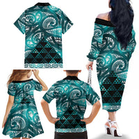Matariki New Zealand Family Matching Off The Shoulder Long Sleeve Dress and Hawaiian Shirt NZ Niho Taniwha Maori New Year Cyan Galaxy LT14 - Polynesian Pride