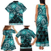 Matariki New Zealand Family Matching Tank Maxi Dress and Hawaiian Shirt NZ Niho Taniwha Maori New Year Cyan Galaxy LT14 - Polynesian Pride