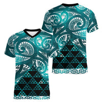 Matariki New Zealand Women V-Neck T-Shirt NZ Niho Taniwha Maori New Year Cyan Galaxy LT14 - Polynesian Pride