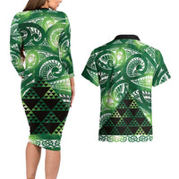 Matariki New Zealand Couples Matching Long Sleeve Bodycon Dress and Hawaiian Shirt NZ Niho Taniwha Maori New Year Green Galaxy LT14 - Polynesian Pride