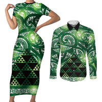 Matariki New Zealand Couples Matching Short Sleeve Bodycon Dress and Long Sleeve Button Shirt NZ Niho Taniwha Maori New Year Green Galaxy LT14 Green - Polynesian Pride