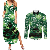 Matariki New Zealand Couples Matching Summer Maxi Dress and Long Sleeve Button Shirt NZ Niho Taniwha Maori New Year Green Galaxy LT14 Green - Polynesian Pride