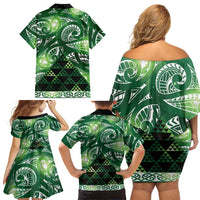 Matariki New Zealand Family Matching Off Shoulder Short Dress and Hawaiian Shirt NZ Niho Taniwha Maori New Year Green Galaxy LT14 - Polynesian Pride