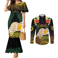 Vanuatu Triton's Trumpet Couples Matching Mermaid Dress and Long Sleeve Button Shirt Tropical Flowers Vanuatuan Map LT14 Black - Polynesian Pride