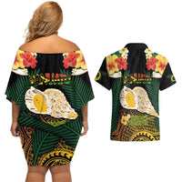 Vanuatu Triton's Trumpet Couples Matching Off Shoulder Short Dress and Hawaiian Shirt Tropical Flowers Vanuatuan Map LT14 - Polynesian Pride