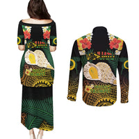 Vanuatu Triton's Trumpet Couples Matching Puletasi and Long Sleeve Button Shirt Tropical Flowers Vanuatuan Map LT14 - Polynesian Pride