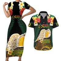Vanuatu Triton's Trumpet Couples Matching Short Sleeve Bodycon Dress and Hawaiian Shirt Tropical Flowers Vanuatuan Map LT14 Black - Polynesian Pride