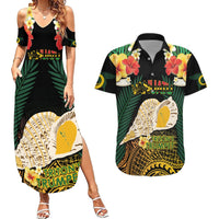 Vanuatu Triton's Trumpet Couples Matching Summer Maxi Dress and Hawaiian Shirt Tropical Flowers Vanuatuan Map LT14 Black - Polynesian Pride