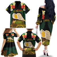Vanuatu Triton's Trumpet Family Matching Off The Shoulder Long Sleeve Dress and Hawaiian Shirt Tropical Flowers Vanuatuan Map