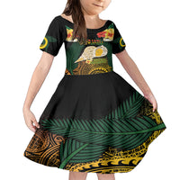 Vanuatu Triton's Trumpet Family Matching Short Sleeve Bodycon Dress and Hawaiian Shirt Tropical Flowers Vanuatuan Map LT14 Daughter's Dress Black - Polynesian Pride