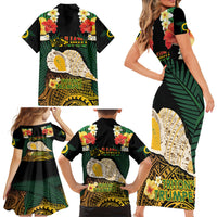 Vanuatu Triton's Trumpet Family Matching Short Sleeve Bodycon Dress and Hawaiian Shirt Tropical Flowers Vanuatuan Map LT14 - Polynesian Pride