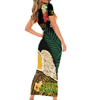 Vanuatu Triton's Trumpet Family Matching Short Sleeve Bodycon Dress and Hawaiian Shirt Tropical Flowers Vanuatuan Map LT14 - Polynesian Pride