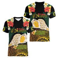 Vanuatu Triton's Trumpet Women V-Neck T-Shirt Tropical Flowers Vanuatuan Map