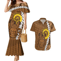 Vanuatu Coconut Crab Couples Matching Mermaid Dress and Hawaiian Shirt Ni-Van Tropical Leaves With Sand Drawing Art LT14 Brown - Polynesian Pride