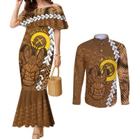 Vanuatu Coconut Crab Couples Matching Mermaid Dress and Long Sleeve Button Shirt Ni-Van Tropical Leaves With Sand Drawing Art LT14 Brown - Polynesian Pride