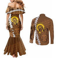 Vanuatu Coconut Crab Couples Matching Mermaid Dress and Long Sleeve Button Shirt Ni-Van Tropical Leaves With Sand Drawing Art LT14 - Polynesian Pride