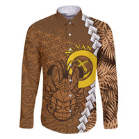 Vanuatu Coconut Crab Family Matching Short Sleeve Bodycon Dress and Hawaiian Shirt Ni-Van Tropical Leaves With Sand Drawing Art LT14 Dad's Shirt - Long Sleeve Brown - Polynesian Pride