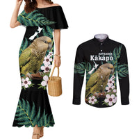 Personalised New Zealand Kakapo Couples Matching Mermaid Dress and Long Sleeve Button Shirt Aotearoa Fern With Manuka LT14 Black - Polynesian Pride