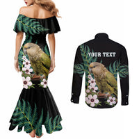 Personalised New Zealand Kakapo Couples Matching Mermaid Dress and Long Sleeve Button Shirt Aotearoa Fern With Manuka LT14 - Polynesian Pride