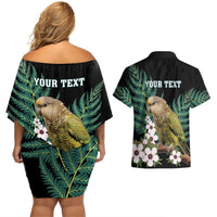 Personalised New Zealand Kakapo Couples Matching Off Shoulder Short Dress and Hawaiian Shirt Aotearoa Fern With Manuka LT14 - Polynesian Pride