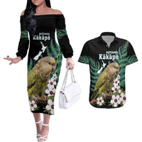 Personalised New Zealand Kakapo Couples Matching Off The Shoulder Long Sleeve Dress and Hawaiian Shirt Aotearoa Fern With Manuka