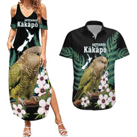 Personalised New Zealand Kakapo Couples Matching Summer Maxi Dress and Hawaiian Shirt Aotearoa Fern With Manuka LT14 Black - Polynesian Pride
