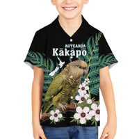 Personalised New Zealand Kakapo Family Matching Puletasi and Hawaiian Shirt Aotearoa Fern With Manuka LT14 Son's Shirt Black - Polynesian Pride