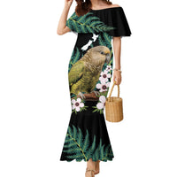 Personalised New Zealand Kakapo Mermaid Dress Aotearoa Fern With Manuka LT14 Women Black - Polynesian Pride